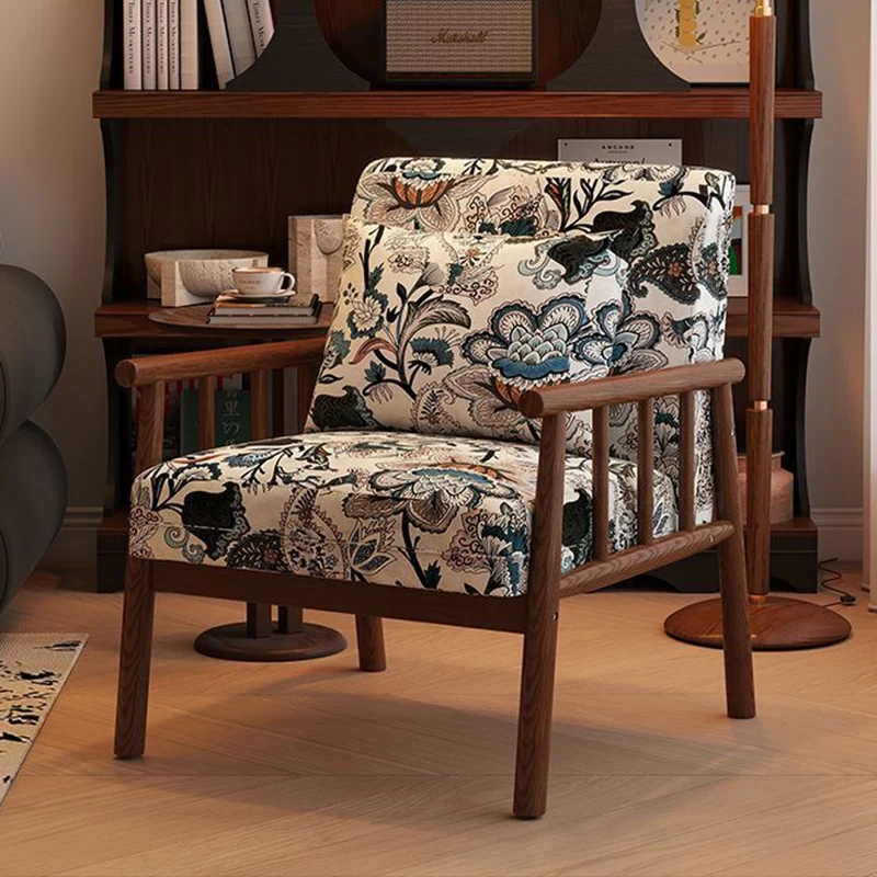 Traditional Vintage Rectangular Rubberwood Faux Oil Wax Leather Flannelette Sponge Accent Chair Backrest Armrest For Living Room