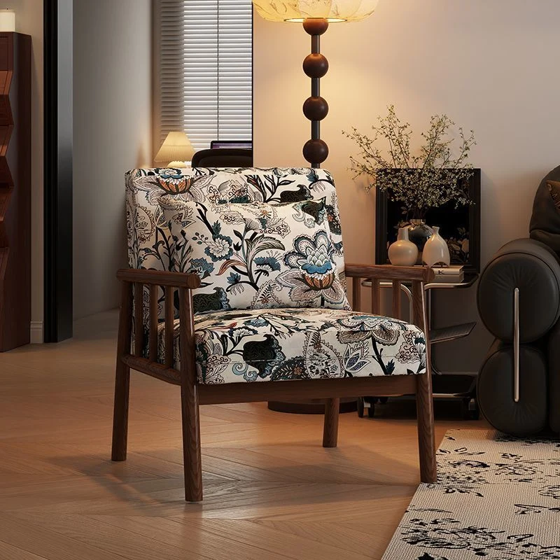 Traditional Vintage Rectangular Rubberwood Faux Oil Wax Leather Flannelette Sponge Accent Chair Backrest Armrest For Living Room