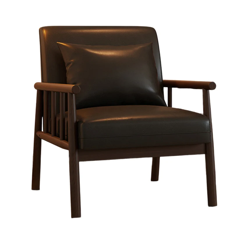 Traditional Vintage Rectangular Rubberwood Faux Oil Wax Leather Flannelette Sponge Accent Chair Backrest Armrest For Living Room