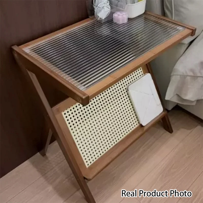 Contemporary Scandinavian Nan Bamboo Medium-Density Fiberboard Glass PE Rattan Side Table For Living Room