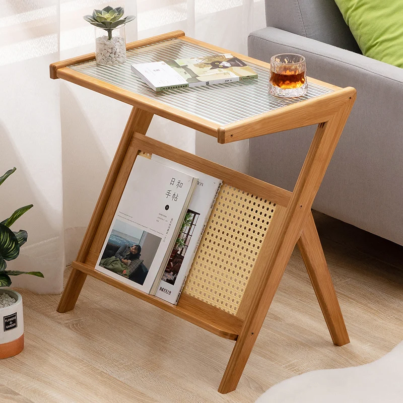 Contemporary Scandinavian Nan Bamboo Medium-Density Fiberboard Glass PE Rattan Side Table For Living Room