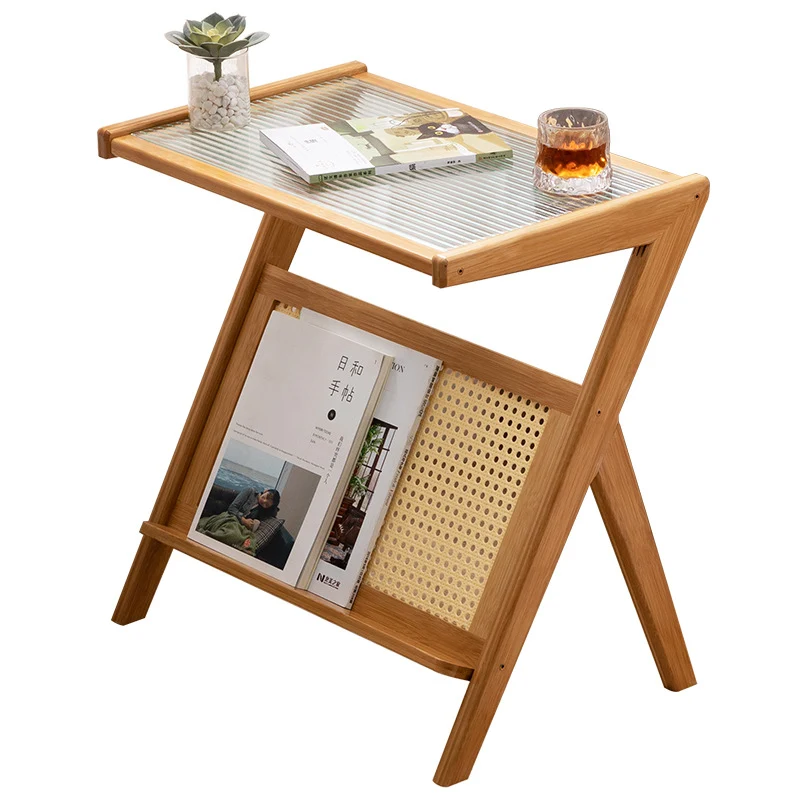 Contemporary Scandinavian Nan Bamboo Medium-Density Fiberboard Glass PE Rattan Side Table For Living Room