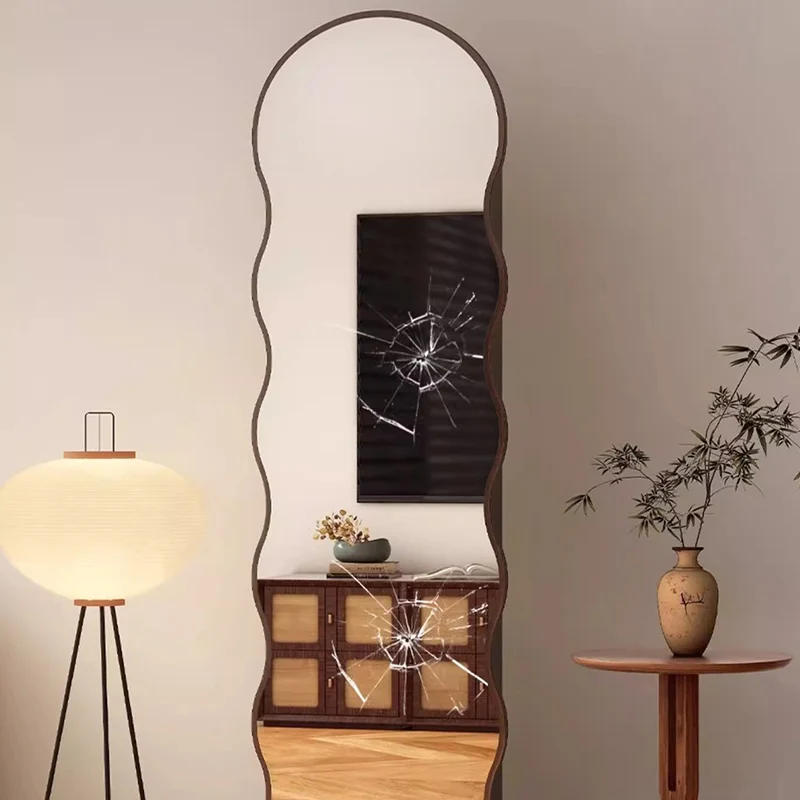 Contemporary Scandinavian Wavy Medium-Density Fiberboard Glass Full-Length Mirror Bookshelf 5-Tier For Bedroom