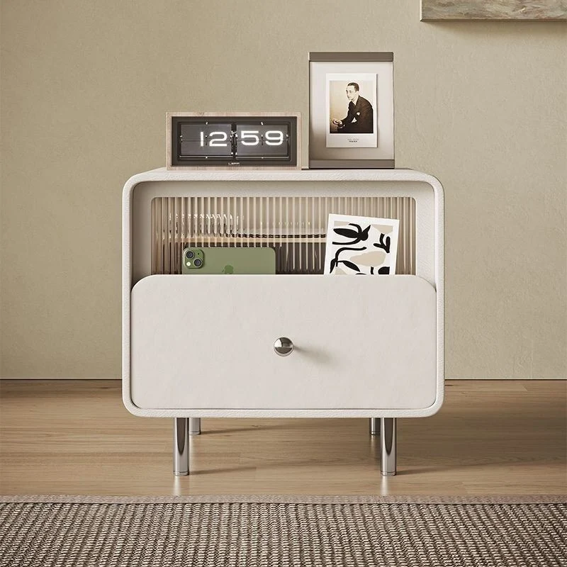 Modern Minimalist Square Microfiber Leather Medium Density Fiberboard Glass Stainless Steel Nightstand 1-Drawer For Bedroom