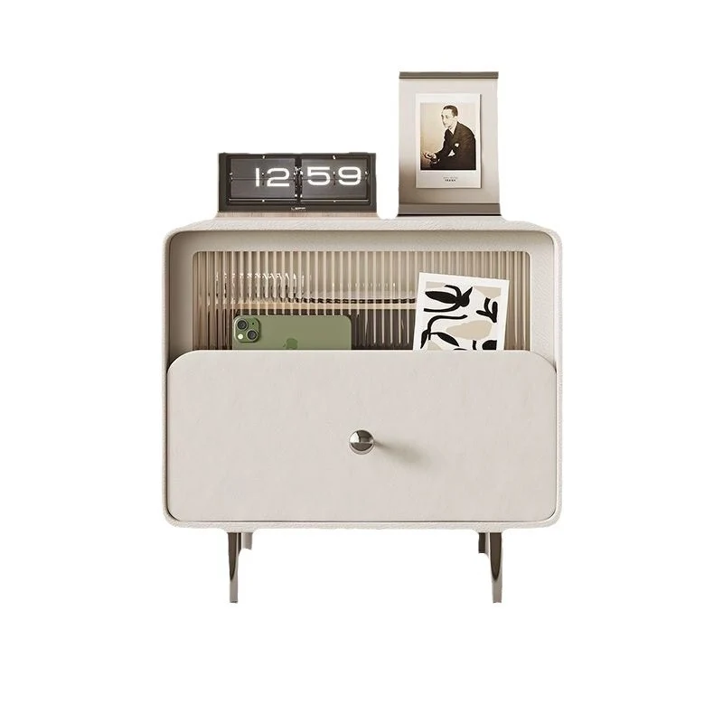 Modern Minimalist Square Microfiber Leather Medium Density Fiberboard Glass Stainless Steel Nightstand 1-Drawer For Bedroom
