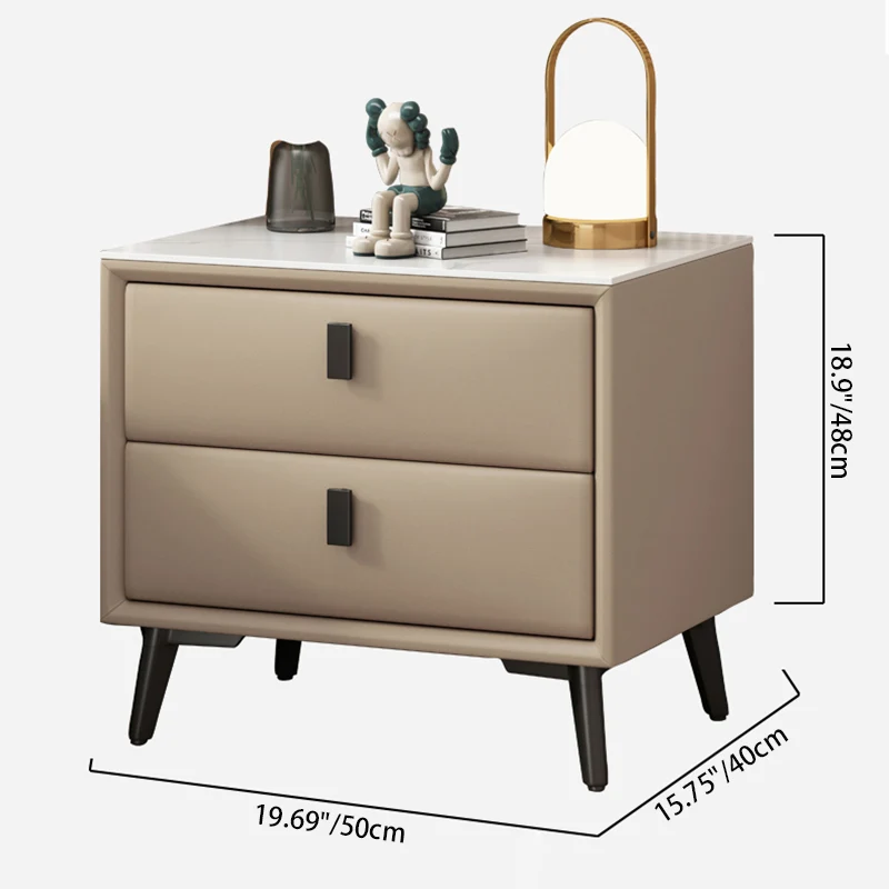 Modern Minimalist Rectangular Stone Slab Cat's Paw Leather Medium Density Fiberboard Pine Wood Carbon Steel Nightstand 2 -Drawer For Bedroom