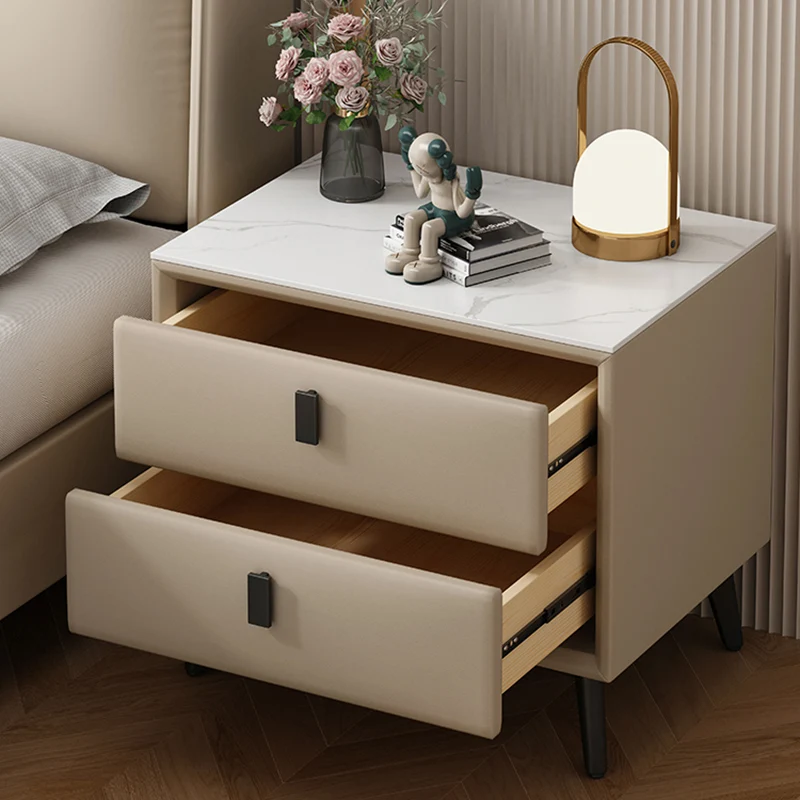 Modern Minimalist Rectangular Stone Slab Cat's Paw Leather Medium Density Fiberboard Pine Wood Carbon Steel Nightstand 2 -Drawer For Bedroom