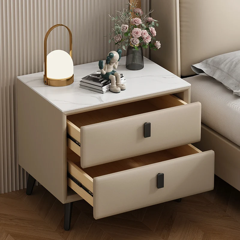 Modern Minimalist Rectangular Stone Slab Cat's Paw Leather Medium Density Fiberboard Pine Wood Carbon Steel Nightstand 2 -Drawer For Bedroom
