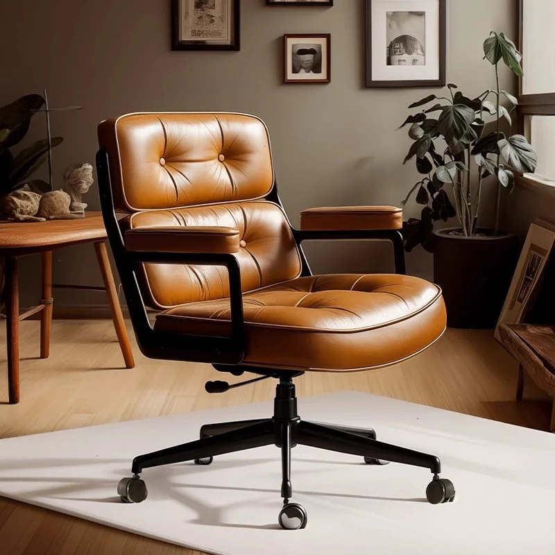 Contemporary Scandinavian Rotatable Rectangular Metal PU & Genuine Leather Sponge Liftable Desk Chair Backrest Armrest For Home Office