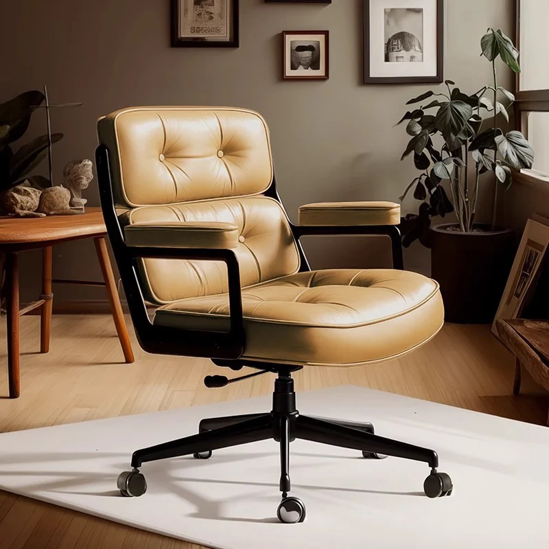 Contemporary Scandinavian Rotatable Rectangular Metal PU & Genuine Leather Sponge Liftable Desk Chair Backrest Armrest For Home Office