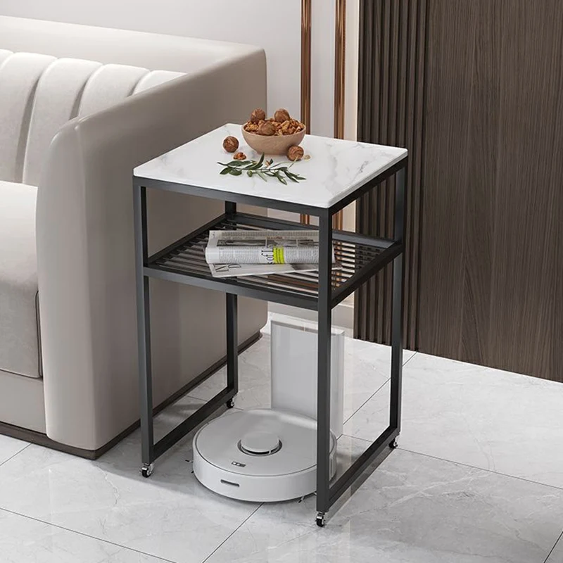 Contemporary Scandinavian Sintered Stone Iron Mobile Square Side Table 2-Tier For Living Room