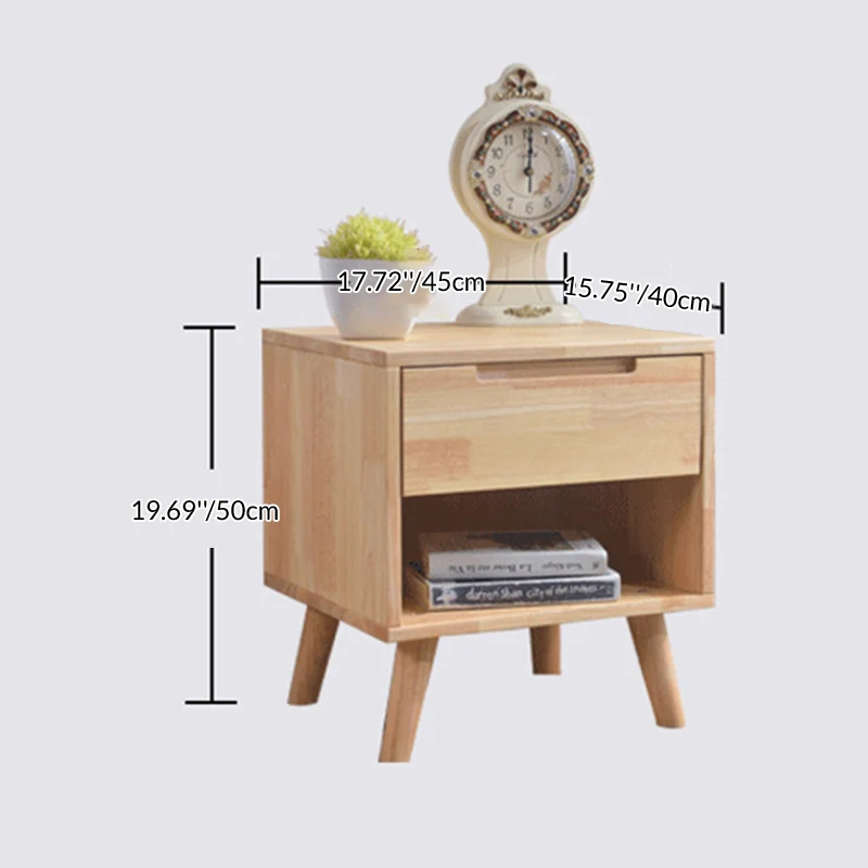 Traditional Chinese Rubberwood Square Angled-Leg Nightstand 1-Drawer For Bedroom