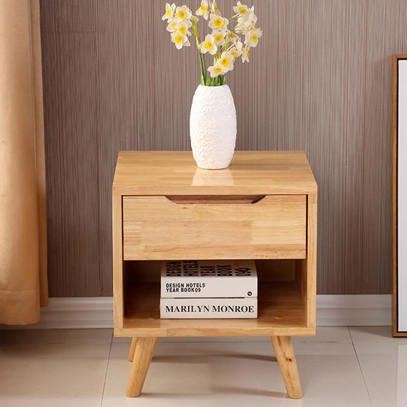 Traditional Chinese Rubberwood Square Angled-Leg Nightstand 1-Drawer For Bedroom