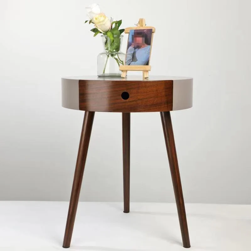 Traditional Chinese Solid Wood Medium-Density Fiberboard Cylindrical Round Side Table 1-Tier For Living Room