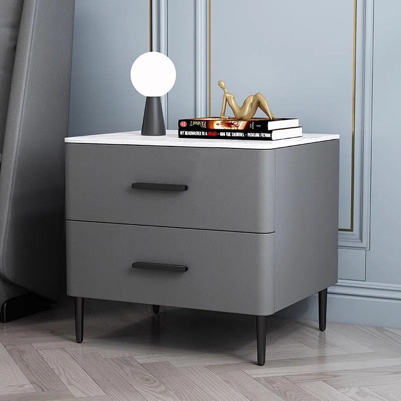 Contemporary Scandinavian Sintered Stone Solid Wood Microfiber Leather Iron Rounded Square Cylindrical Nightstand With 2 Drawers For Bedroom