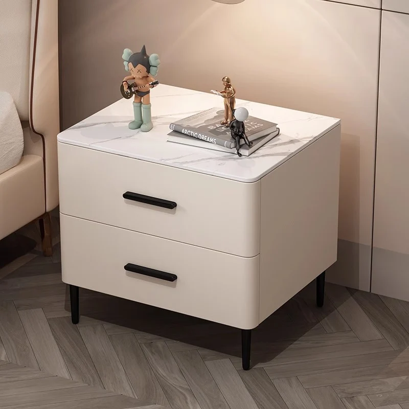 Contemporary Scandinavian Sintered Stone Solid Wood Microfiber Leather Iron Rounded Square Cylindrical Nightstand With 2 Drawers For Bedroom