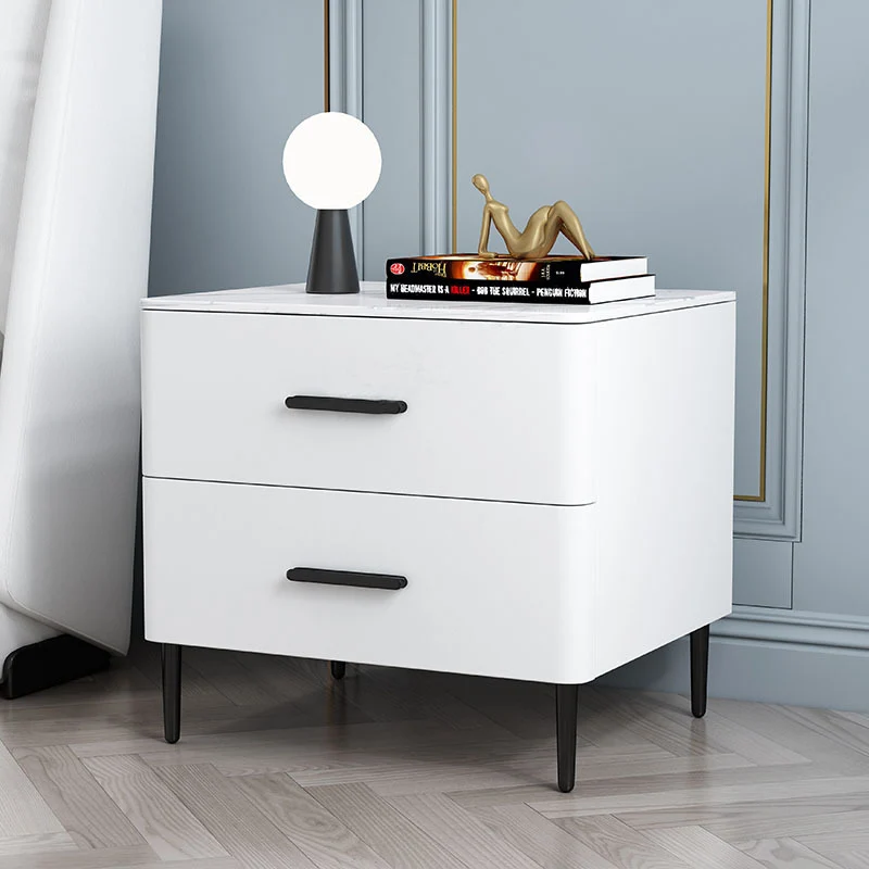 Contemporary Scandinavian Sintered Stone Solid Wood Microfiber Leather Iron Rounded Square Cylindrical Nightstand With 2 Drawers For Bedroom
