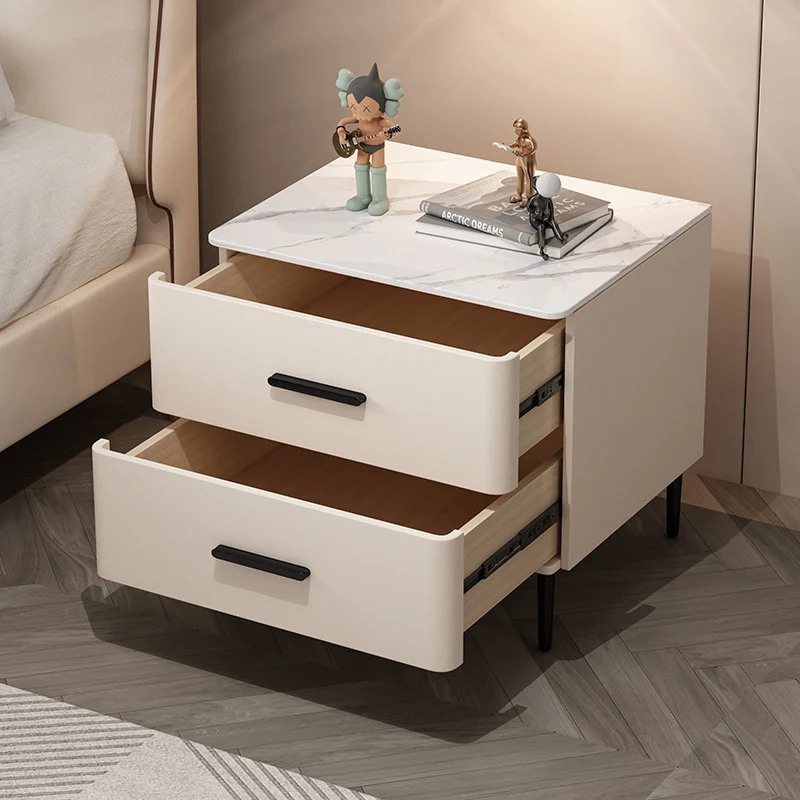 Contemporary Scandinavian Sintered Stone Solid Wood Microfiber Leather Iron Rounded Square Cylindrical Nightstand With 2 Drawers For Bedroom