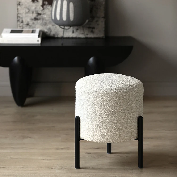 Contemporary Scandinavian Sherpa Fabric Iron Round Cylindrical Low Stool For Living Room