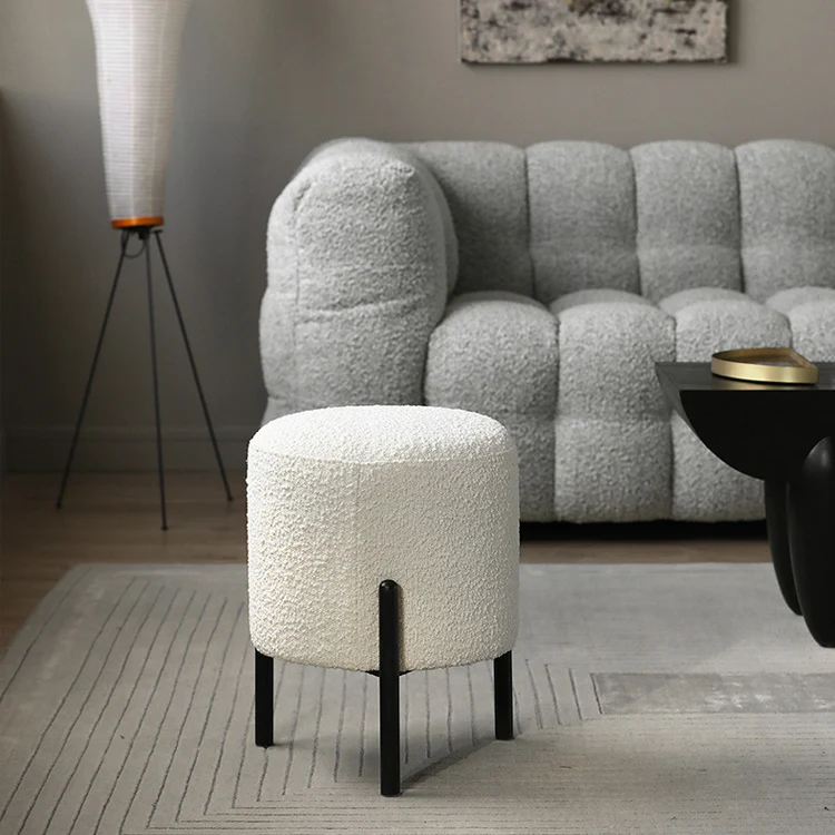 Contemporary Scandinavian Sherpa Fabric Iron Round Cylindrical Low Stool For Living Room