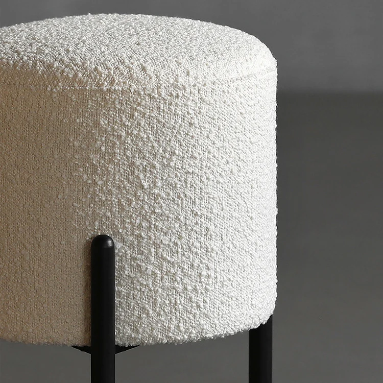 Contemporary Scandinavian Sherpa Fabric Iron Round Cylindrical Low Stool For Living Room