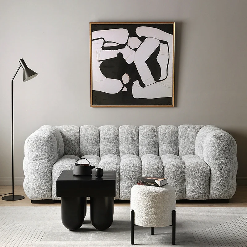 Contemporary Scandinavian Sherpa Fabric Iron Round Cylindrical Low Stool For Living Room