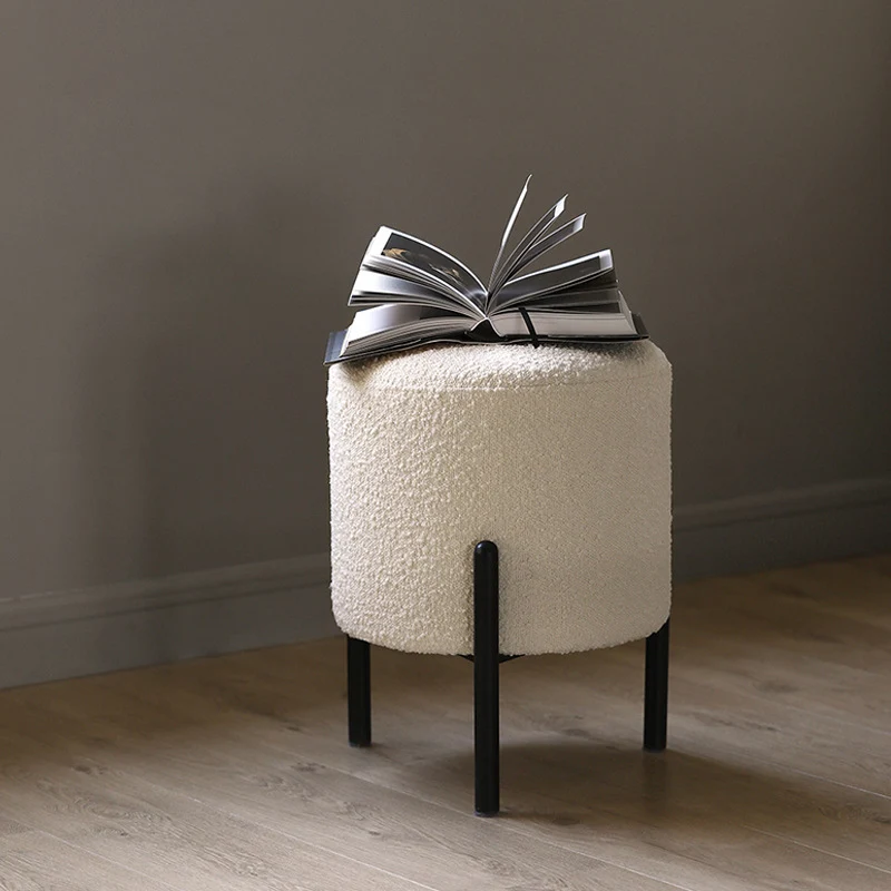 Contemporary Scandinavian Sherpa Fabric Iron Round Cylindrical Low Stool For Living Room