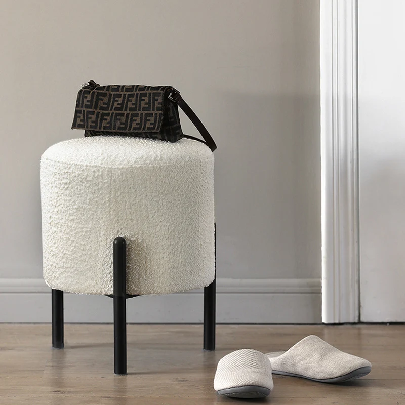 Contemporary Scandinavian Sherpa Fabric Iron Round Cylindrical Low Stool For Living Room