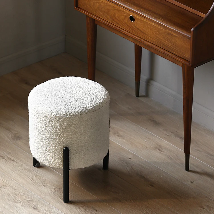 Contemporary Scandinavian Sherpa Fabric Iron Round Cylindrical Low Stool For Living Room