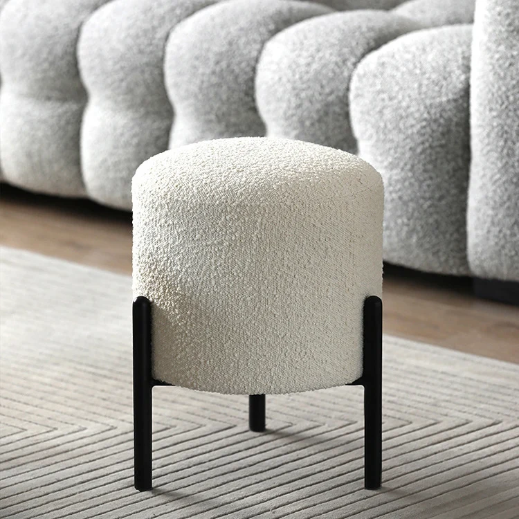 Contemporary Scandinavian Sherpa Fabric Iron Round Cylindrical Low Stool For Living Room