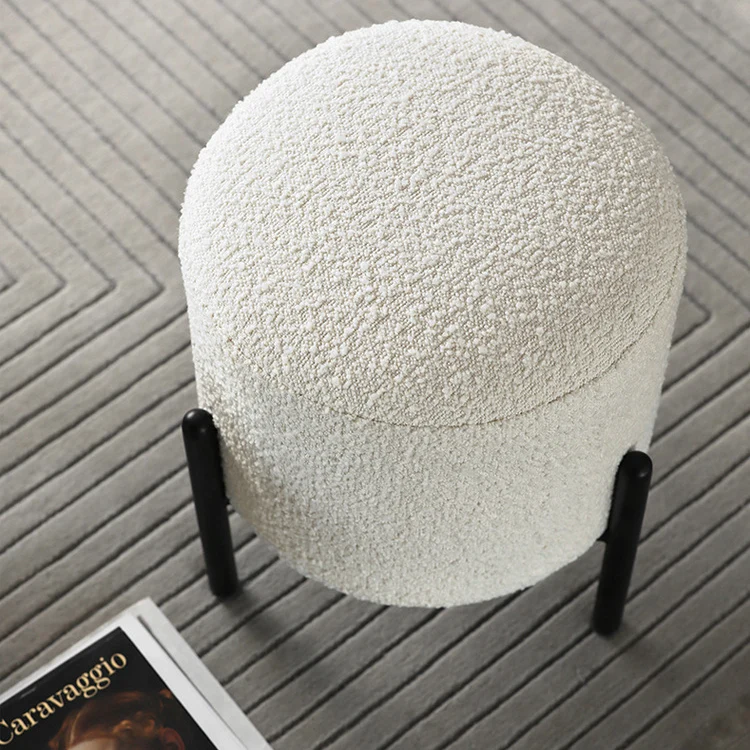 Contemporary Scandinavian Sherpa Fabric Iron Round Cylindrical Low Stool For Living Room