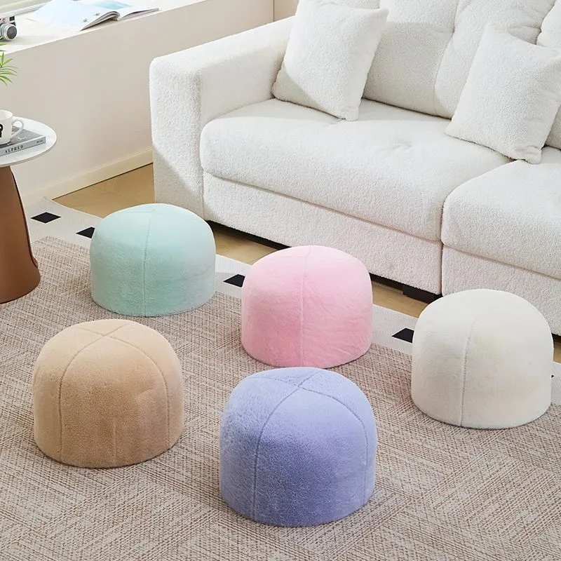 Contemporary Scandinavian Rabbit Fur Carbon Steel Round Barrel Low Stool For Living Room