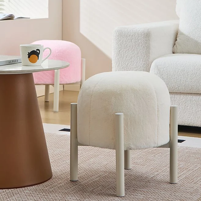 Contemporary Scandinavian Rabbit Fur Carbon Steel Round Barrel Low Stool For Living Room