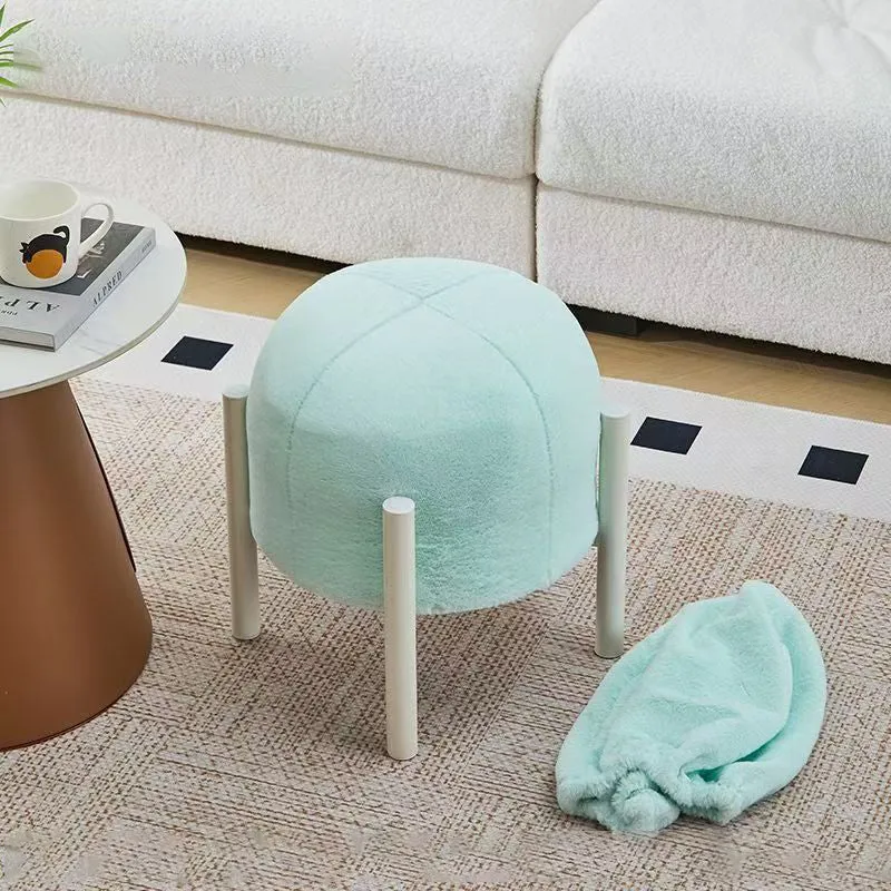 Contemporary Scandinavian Rabbit Fur Carbon Steel Round Barrel Low Stool For Living Room