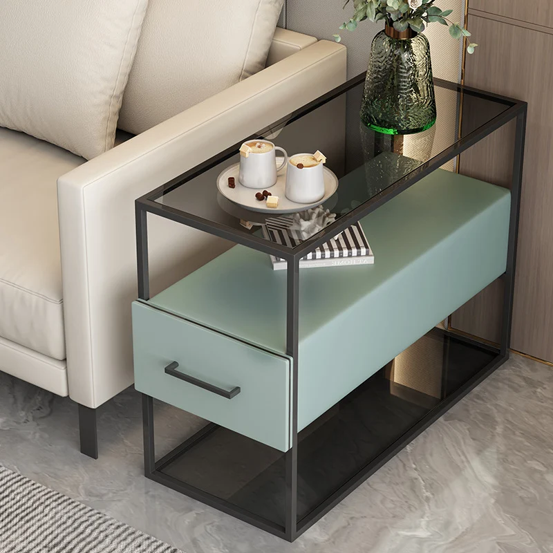 Contemporary Scandinavian Tempered Glass Carbon Steel MDF Rectangular Side Table 3-Tier For Living Room