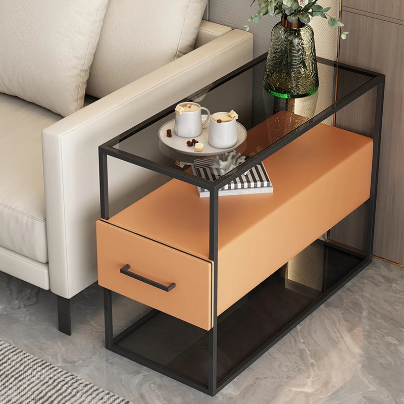 Contemporary Scandinavian Tempered Glass Carbon Steel MDF Rectangular Side Table 3-Tier For Living Room