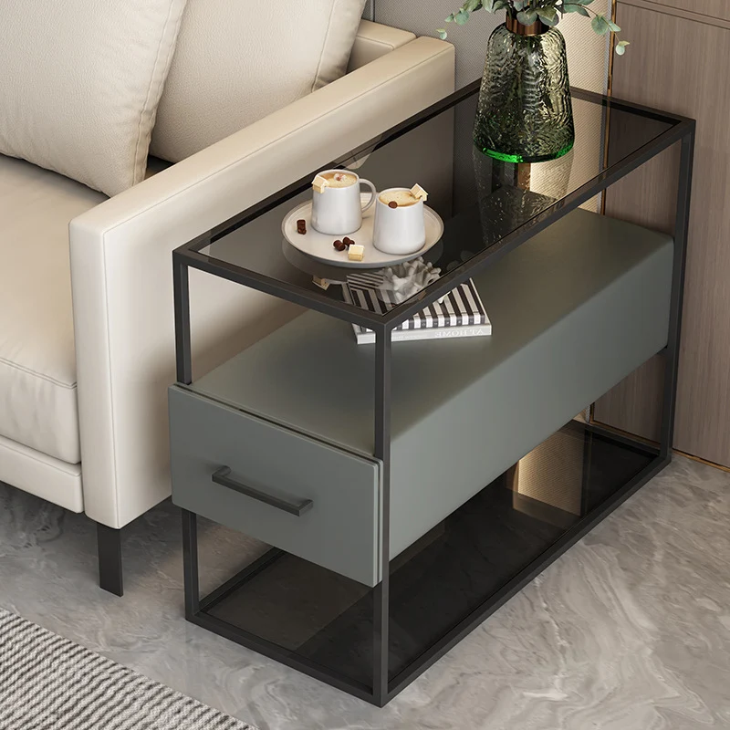 Contemporary Scandinavian Tempered Glass Carbon Steel MDF Rectangular Side Table 3-Tier For Living Room