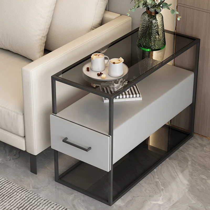Contemporary Scandinavian Tempered Glass Carbon Steel MDF Rectangular Side Table 3-Tier For Living Room