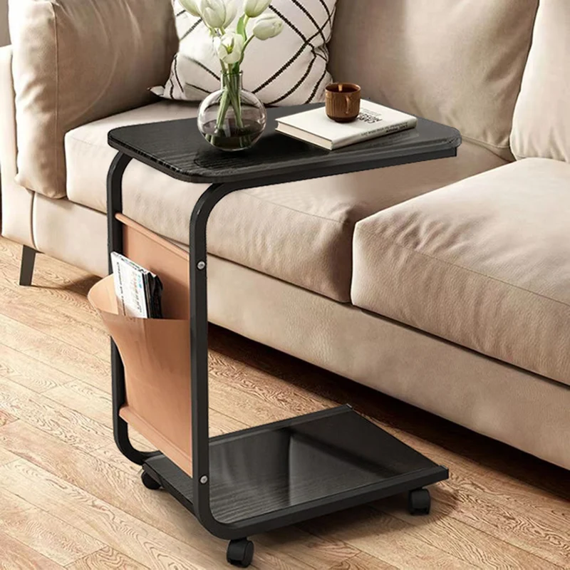 Contemporary Creative Engineered Wood Carbon Steel C-Shaped Rectangular Side Table 2-Tier For Living Room