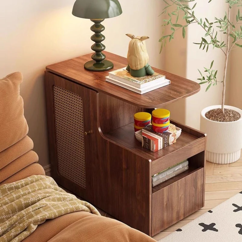 Contemporary Retro Rectangle Plastic Weaving Solid Wood Eco-board Movable Swivel End Table 1-Cabinet For Living Room