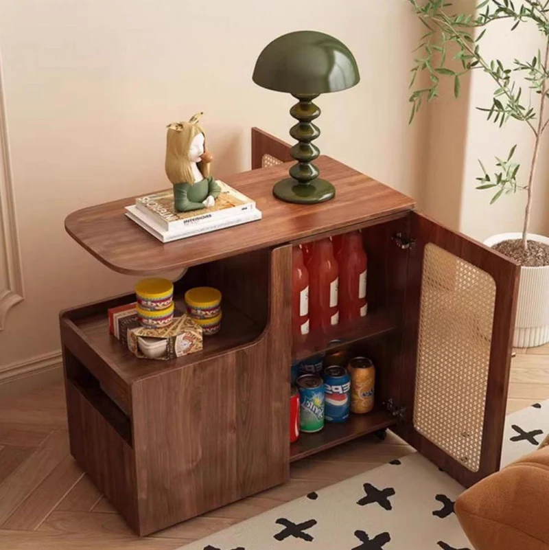 Contemporary Retro Rectangle Plastic Weaving Solid Wood Eco-board Movable Swivel End Table 1-Cabinet For Living Room