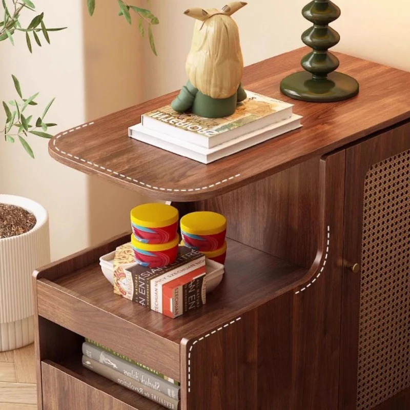 Contemporary Retro Rectangle Plastic Weaving Solid Wood Eco-board Movable Swivel End Table 1-Cabinet For Living Room