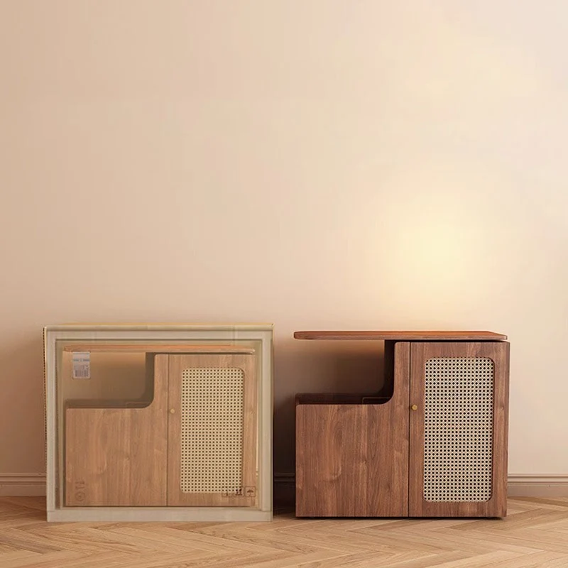 Contemporary Retro Rectangle Plastic Weaving Solid Wood Eco-board Movable Swivel End Table 1-Cabinet For Living Room