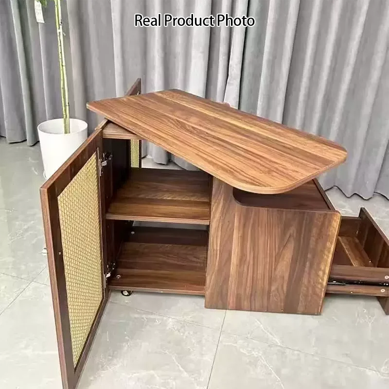 Contemporary Retro Rectangle Plastic Weaving Solid Wood Eco-board Movable Swivel End Table 1-Cabinet For Living Room