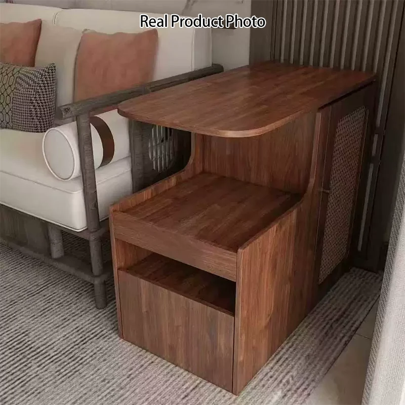 Contemporary Retro Rectangle Plastic Weaving Solid Wood Eco-board Movable Swivel End Table 1-Cabinet For Living Room