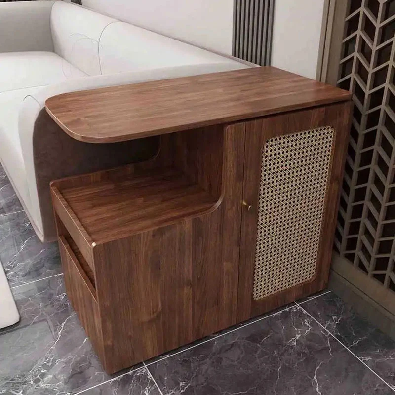 Contemporary Retro Rectangle Plastic Weaving Solid Wood Eco-board Movable Swivel End Table 1-Cabinet For Living Room