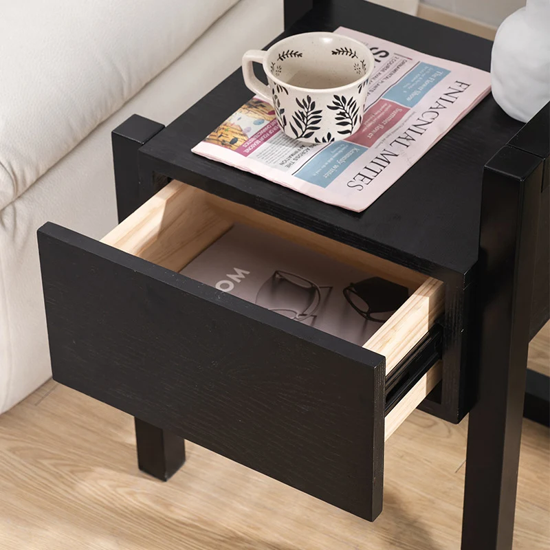 Modern Minimalist Rectangular Rubberwood Ash Wood Veneer Nightstand 3-Leg 1-Drawer For Bedroom