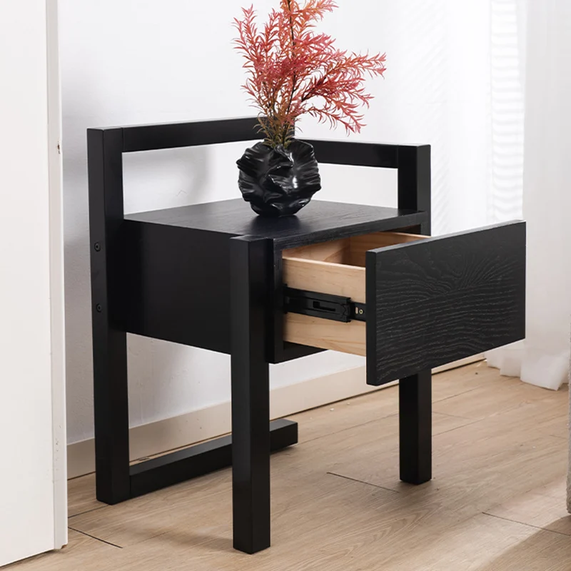 Modern Minimalist Rectangular Rubberwood Ash Wood Veneer Nightstand 3-Leg 1-Drawer For Bedroom