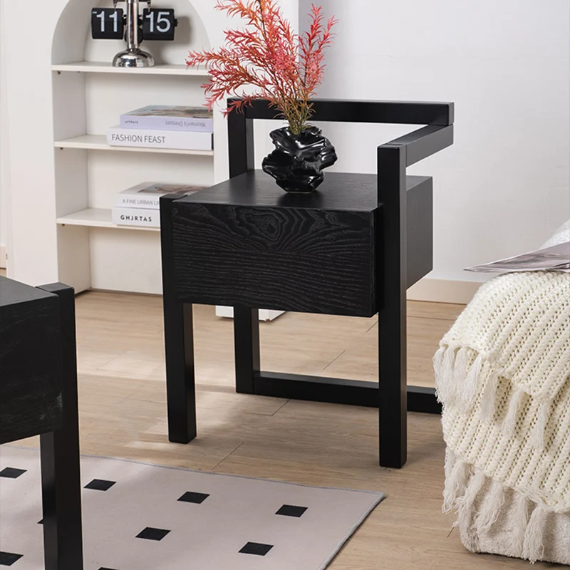 Modern Minimalist Rectangular Rubberwood Ash Wood Veneer Nightstand 3-Leg 1-Drawer For Bedroom