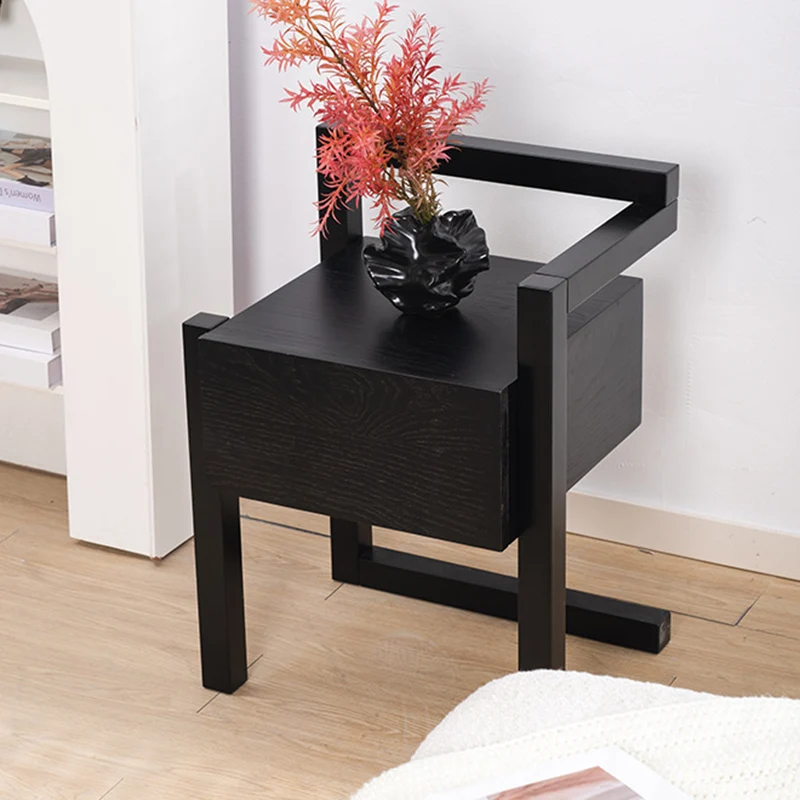 Modern Minimalist Rectangular Rubberwood Ash Wood Veneer Nightstand 3-Leg 1-Drawer For Bedroom